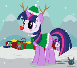 Size: 1418x1241 | Tagged: safe, artist:wheatley r.h., derpibooru exclusive, oc, oc only, oc:twi clown, pony, unicorn, g4, birthday gift, christmas, clone, clothes, clown makeup, clown nose, dynamite, explosives, hat, holiday, mountain, plushie, pony plushie, present, red nose, rudolph the red nosed reindeer, snow, snowfall, solo, vector, watermark