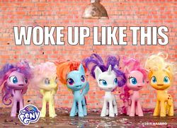 Size: 960x694 | Tagged: safe, applejack, fluttershy, pinkie pie, rainbow dash, rarity, twilight sparkle, alicorn, earth pony, pegasus, pony, unicorn, g4.5, my little pony: pony life, official, bad hair day, bed mane, caption, facebook, female, hasbro, image macro, irl, mane six, messy hair, my little pony logo, photo, text, toy, twilight sparkle (alicorn), woke up like this