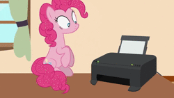 Size: 1920x1080 | Tagged: safe, artist:forgalorga, pinkie pie, earth pony, pony, your little cat 3, g4, animated, behaving like a cat, curtain window, desk, falling, fan animation, female, leaning back, looking at something, pinkie cat, printer, scared, solo, sound, surprised, webm, whoops