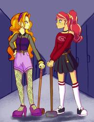 Size: 786x1017 | Tagged: dead source, safe, artist:pettypop, adagio dazzle, sunset shimmer, equestria girls, g4, alternate clothes, alternate hairstyle, converse, croquet mallet, duo, female, freckles, hammer, peppered bacon, shoes, sledgehammer
