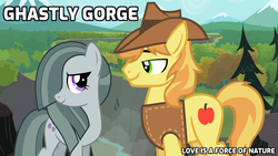 Size: 2064x1162 | Tagged: safe, braeburn, marble pie, earth pony, pony, g4, appleloosa, bittersweet, braeble, brokeback mountain, canyon, cliff, crack shipping, fanfic idea, female, ghastly gorge, gustavo santaolalla, hope, looking at each other, love, lyrics in the description, male, mountain, mountain range, movie poster, movie reference, outdoors, river, rock farm, romance, scenery, shipping, shipping fuel, smiling, straight, this will end in love, together, youtube link
