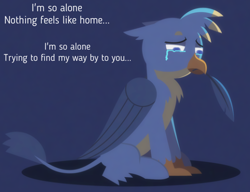 Size: 468x360 | Tagged: safe, alternate version, artist:gd_inuk, editor:gooeybird, gallus, griffon, g4, alone, beak hold, blue background, chest fluff, crying, cute, feather, lighting, lonely, male, marshmello, sad, sad eyes, sadorable, simple background, song reference