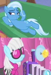 Size: 1280x1872 | Tagged: safe, screencap, photo finish, trixie, earth pony, pony, unicorn, derpibooru, g4, green isn't your color, road to friendship, belly, camera, horn, juxtaposition, meta