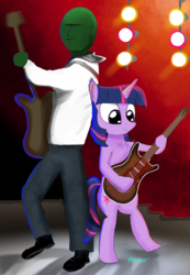 Size: 2084x3015 | Tagged: safe, artist:firefoxd, twilight sparkle, oc, oc:anon, pony, unicorn, g4, band, electric guitar, guitar, high res, musical instrument, smoke
