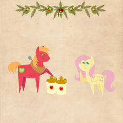 Size: 2000x2000 | Tagged: safe, anonymous artist, big macintosh, fluttershy, earth pony, pony, series:12 days of hearth's warming, series:fm holidays, g4, christmas, cider, female, hearth's warming, high res, holiday, holly, jug, looking at each other, male, mistletoe, pointy ponies, ship:fluttermac, shipping, spruce tree, straight, texture, twelve days of christmas