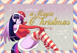 Size: 3109x2147 | Tagged: safe, artist:traupa, twilight sparkle, anthro, big breasts, breasts, busty twilight sparkle, christmas, clothes, costume, evening gloves, food, gloves, hat, holiday, long gloves, one eye closed, postcard, santa costume, santa hat, stockings, sugar cane, thigh highs, wink