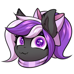 Size: 2000x2000 | Tagged: safe, artist:ask-colorsound, oc, oc only, oc:nightwalker, pony, :3, bow, clothes, cute, cute little fangs, emotes, fangs, hair bow, high res, looking at you, scarf, simple background, slit pupils, solo, transparent background