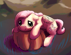 Size: 2507x1943 | Tagged: safe, artist:shaliwolf, fluttershy, pegasus, pony, g4, cute, female, floppy ears, folded wings, leg fluff, looking at you, mare, prone, pumpkin, shyabetes, smiling, solo, three quarter view, wings
