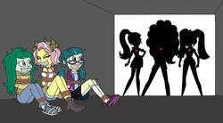 Size: 1203x664 | Tagged: safe, artist:bugssonicx, adagio dazzle, aria blaze, juniper montage, sonata dusk, vignette valencia, wallflower blush, human, equestria girls, g4, arm behind back, bondage, boots, bound and gagged, clothes, denim shorts, female, freckles, gag, glasses, glowing, jeans, jewelry, miniskirt, pants, pendant, pigtails, rope, rope bondage, shadow, shoes, shorts, silhouette, skirt, socks, sweater, tape, tape gag, tied up