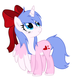 Size: 2445x2620 | Tagged: safe, artist:alfury, artist:mint-light, oc, oc only, oc:rioshi sweet, alicorn, pony, alicorn oc, blushing, bow, female, hair bow, high res, horn, looking at you, mare, simple background, smiling, solo, unshorn fetlocks, white background