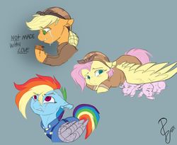 Size: 1920x1572 | Tagged: safe, artist:poowndraww, applejack, fluttershy, rainbow dash, earth pony, lamb, pegasus, pony, sheep, g4, the cutie re-mark, alternate timeline, amputee, apocalypse dash, apocalypse fluttershy, applecalypsejack, artificial wings, augmented, colored pupils, crying, crystal war timeline, ear fluff, female, floppy ears, mare, mechanical wing, prosthetic limb, prosthetic wing, prosthetics, rotten apple, sad, scar, scared, torn ear, trio, war, wings