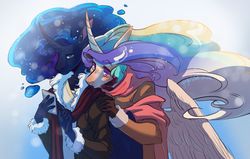Size: 1600x1019 | Tagged: safe, artist:yuyusunshine, princess celestia, princess luna, alicorn, anthro, g4, cellphone, clothes, duo, female, mare, phone, royal sisters, scarf, siblings, sisters, smartphone, winter outfit