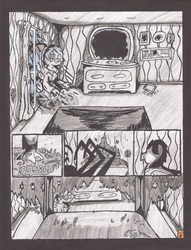 Size: 2507x3286 | Tagged: safe, artist:oatmeal155, oc, oc only, oc:steeltoe, griffon, comic:oat.meal, bed, comic, ever emerald manor, high res, messy, mirror, rain, traditional art, window