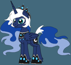 Size: 1428x1312 | Tagged: safe, artist:rosefang16, princess luna, alicorn, pony, astralverse, g4, blue background, crown, ear fluff, ethereal hair, ethereal mane, ethereal tail, eyeshadow, female, folded wings, hoof shoes, jewelry, leg fluff, makeup, mare, peytral, princess shoes, redesign, regalia, simple background, solo, sparkly mane, sparkly tail, tail, tiara, white-haired luna, wing fluff, wings