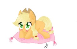 Size: 1408x896 | Tagged: safe, artist:millyarts, applejack, earth pony, pony, g4, blushing, cute, ear fluff, female, jackabetes, mare, missing cutie mark, pillow, prone, simple background, solo, white background
