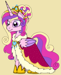 Size: 1068x1316 | Tagged: safe, artist:rosefang16, princess cadance, alicorn, pony, astralverse, g4, alternate hairstyle, clothes, crown, ear piercing, earring, eyeshadow, female, hoof shoes, jewelry, makeup, mare, piercing, redesign, regalia, robe, simple background, solo, wing fluff, yellow background