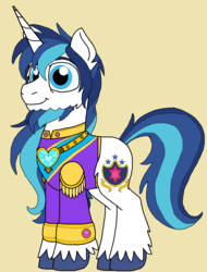 Size: 1048x1380 | Tagged: safe, artist:rosefang16, shining armor, pony, unicorn, astralverse, g4, alternate hairstyle, beard, clothes, coat, ear fluff, facial hair, jewelry, male, regalia, shirt, simple background, solo, stallion, unshorn fetlocks, yellow background