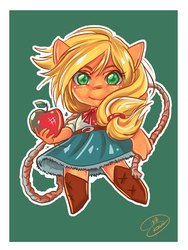 Size: 768x1024 | Tagged: safe, artist:dinakyo, applejack, earth pony, anthro, g4, apple, belt, boots, chibi, clothes, colored pupils, cute, denim skirt, female, food, jackabetes, lasso, looking at you, rope, shoes, skirt, solo