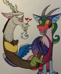 Size: 431x527 | Tagged: safe, artist:raritylover152, idw, cosmos, discord, draconequus, g4, spoiler:comic, duo, female, heart, heart eyes, in love, male, ship:coscord, shipping, straight, traditional art, wingding eyes