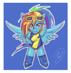 Size: 1004x1024 | Tagged: safe, artist:dinakyo, rainbow dash, anthro, g4, alternate hairstyle, chibi, clothes, cute, dashabetes, female, goggles, hand on hip, looking at you, ponytail, solo, spread wings, uniform, wings, wonderbolt trainee uniform