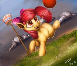 Size: 1600x1362 | Tagged: safe, artist:pastelpupils, apple bloom, earth pony, pony, buckball season, g4, ball, buckball, female, filly, playing, solo, traditional art, training