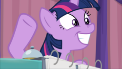 Size: 1668x938 | Tagged: safe, screencap, twilight sparkle, alicorn, pony, a trivial pursuit, g4, bell, cropped, cute, female, mare, smiling, solo, twiabetes, twilight sparkle (alicorn)