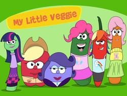 Size: 1024x768 | Tagged: safe, artist:abigail m., applejack, fluttershy, pinkie pie, rainbow dash, rarity, twilight sparkle, g4, apple, blueberry, carrot, chili pepper, crossover, cucumber, food, fruit, mane six, rhubarb, unrelated description, vegetables, veggietales, vulgar description, wat