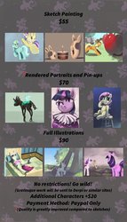 Size: 2341x4096 | Tagged: safe, artist:toisanemoif, applejack, bon bon, fluttershy, lyra heartstrings, pinkie pie, rainbow dash, rarity, rough tumble, sweetie drops, twilight sparkle, alicorn, changeling, pony, g4, advertisement, apple, bust, cake, commission info, food, hand, mane six, portrait, twilight sparkle (alicorn)