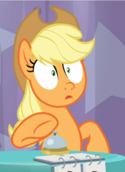 Size: 632x871 | Tagged: safe, screencap, applejack, earth pony, pony, a trivial pursuit, g4, cropped, female, mare, open mouth, raised hoof, shocked, shrunken pupils, sitting, solo, underhoof