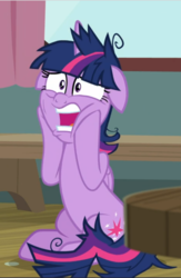 Size: 614x941 | Tagged: safe, screencap, twilight sparkle, alicorn, pony, a trivial pursuit, cropped, faic, female, floppy ears, hooves on face, mare, messy mane, open mouth, sitting, solo, squishy cheeks, twilight snapple, twilight sparkle (alicorn)