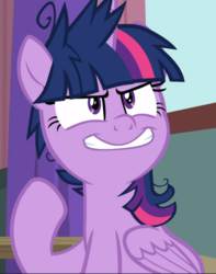 Size: 741x939 | Tagged: safe, screencap, twilight sparkle, alicorn, pony, a trivial pursuit, g4, cropped, evil grin, female, grin, mare, messy mane, sitting, smiling, solo, teeth, twilight snapple, twilight sparkle (alicorn)