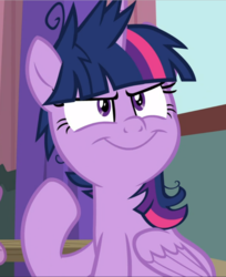 Size: 765x939 | Tagged: safe, screencap, twilight sparkle, alicorn, pony, a trivial pursuit, g4, cropped, evil smile, faic, female, grin, mare, messy mane, smiling, solo, twilight snapple, twilight sparkle (alicorn)