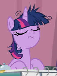 Size: 588x776 | Tagged: safe, screencap, twilight sparkle, alicorn, pony, a trivial pursuit, calm, cropped, eyes closed, female, mare, messy mane, sitting, solo, twilight snapple, twilight sparkle (alicorn)