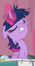 Size: 457x851 | Tagged: safe, screencap, twilight sparkle, alicorn, pony, a trivial pursuit, g4, cropped, eyes closed, female, floppy ears, glowing horn, horn, mare, solo, twilight sparkle (alicorn)