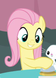 Size: 500x696 | Tagged: safe, screencap, angel bunny, fluttershy, pegasus, pony, a trivial pursuit, g4, bell, cropped, cute, female, mare, raised hoof, shyabetes, smiling, solo focus