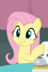 Size: 481x729 | Tagged: safe, screencap, angel bunny, fluttershy, pegasus, pony, a trivial pursuit, g4, cropped, cute, female, mare, offscreen character, raised hoof, shyabetes, smiling, solo focus