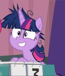 Size: 806x940 | Tagged: safe, screencap, twilight sparkle, alicorn, pony, a trivial pursuit, cropped, faic, female, mare, messy mane, sitting, smiling, solo, twilight snapple, twilight sparkle (alicorn)