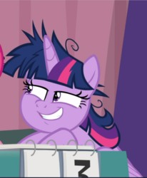 Size: 775x942 | Tagged: safe, screencap, twilight sparkle, alicorn, pony, a trivial pursuit, g4, cropped, evil grin, female, grin, mare, messy mane, narrowed eyes, sitting, smiling, smirk, solo, twilight snapple, twilight sparkle (alicorn)