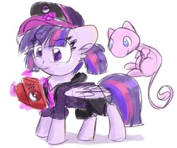 Size: 2580x2160 | Tagged: safe, artist:lbrcloud, twilight sparkle, alicorn, mew, pony, g4, alternate hairstyle, cap, clothes, cute, female, hat, high res, hoodie, magic, mare, pigtails, pokémon, pokémon trainer, simple background, solo, telekinesis, twiabetes, twilight sparkle (alicorn), white background