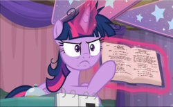 Size: 1528x942 | Tagged: safe, screencap, twilight sparkle, alicorn, pony, a trivial pursuit, g4, book, cropped, female, glowing horn, horn, levitation, magic, mare, messy mane, pointing, solo, telekinesis, twilight sparkle (alicorn)