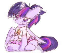 Size: 2580x2160 | Tagged: safe, artist:lbrcloud, twilight sparkle, alicorn, pony, g4, alternate hairstyle, clothes, cute, cutie mark, cutie mark on clothes, female, high res, pajamas, ponytail, shirt, shorts, simple background, sitting, solo, sunset shimmer's cutie mark, t-shirt, twiabetes, twilight sparkle (alicorn), white background