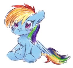 Size: 2082x1946 | Tagged: safe, artist:lbrcloud, rainbow dash, pegasus, pony, chest fluff, crying, cute, dashabetes, ear fluff, female, filly, filly rainbow dash, sad, sadorable, simple background, sitting, solo, teary eyes, white background, younger