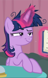 Size: 589x940 | Tagged: safe, screencap, twilight sparkle, alicorn, pony, a trivial pursuit, bell, cropped, female, folded wings, glowing horn, hooves on the table, horn, levitation, magic, magic aura, mare, messy mane, narrowed eyes, raised eyebrow, rule book, rules, sin of greed, sitting, smiling, smirk, smug, smuglight sparkle, solo, telekinesis, twilight snapple, twilight sparkle (alicorn), twilighting, wings