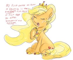 Size: 3840x3200 | Tagged: safe, artist:lbrcloud, applejack, earth pony, pony, g4, apple, applebetes, cheek fluff, crown, cute, dialogue, ear fluff, eyes closed, female, high res, hoof shoes, jackabetes, jewelry, mare, open mouth, peytral, princess applejack, regalia, silly, silly pony, sitting, solo, that pony sure does hate strawberries, that pony sure does love apples, who's a silly pony