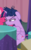 Size: 400x636 | Tagged: safe, screencap, pinkie pie, twilight sparkle, alicorn, earth pony, pony, a trivial pursuit, g4, cropped, crossed hooves, female, floppy ears, mare, messy mane, narrowed eyes, offscreen character, pouting, sitting, solo focus, twilight sparkle (alicorn)