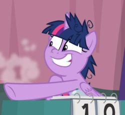 Size: 837x775 | Tagged: safe, screencap, twilight sparkle, alicorn, pony, a trivial pursuit, cropped, dust, faic, female, grin, mare, messy mane, pointing, smiling, solo, twilight snapple, twilight sparkle (alicorn)