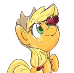 Size: 2013x1989 | Tagged: safe, artist:lbrcloud, applejack, earth pony, pony, g4, apple, balancing, cheek fluff, chest fluff, cute, ear fluff, female, food, jackabetes, mare, ponies balancing stuff on their nose, simple background, solo, white background
