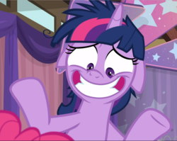 Size: 1183x940 | Tagged: safe, screencap, pinkie pie, twilight sparkle, alicorn, pony, a trivial pursuit, cropped, faic, female, floppy ears, grin, looking down, mare, messy mane, offscreen character, shrunken pupils, smiling, solo, spread hooves, twilight snapple, twilight sparkle (alicorn)