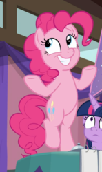 Size: 525x885 | Tagged: safe, screencap, pinkie pie, twilight sparkle, alicorn, earth pony, pony, a trivial pursuit, g4, bipedal, cropped, cute, diapinkes, faic, female, happy, mare, raised hoof, raised leg, solo focus, twilight sparkle (alicorn), underhoof