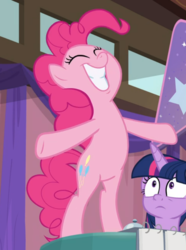 Size: 627x841 | Tagged: safe, screencap, pinkie pie, twilight sparkle, alicorn, earth pony, pony, a trivial pursuit, g4, bipedal, cropped, cute, diapinkes, eyes closed, faic, female, grin, happy, mare, smiling, solo focus, spread hooves, teeth, twilight sparkle (alicorn), underhoof